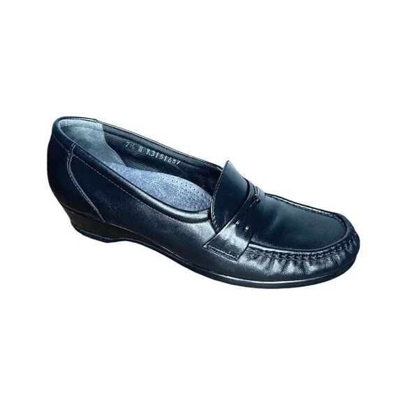SAS Tripad Comfort Black Leather Slip On Wedge Heel Loafers Women's 7.5 N‎ - Picture 1 of 8